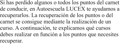 Si has perdido algunos o todos los puntos del carnet  de conducir, en Autoescuela LUCEX te ayudamos a  recuperarlos. La recuperacin de los puntos o del  carnet se consigue mediante la realizacin de un  curso. A continuacin, te explicamos qu cursos  debes realizar en funcin a los puntos que necesites  recuperar.