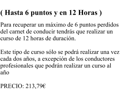 RECUPERACIN PARCIAL  ( Hasta 6 puntos y en 12 Horas )  Para recuperar un mximo de 6 puntos perdidos  del carnet de conducir tendrs que realizar un  curso de 12 horas de duracin.   Este tipo de curso slo se podr realizar una vez  cada dos aos, a excepcin de los conductores  profesionales que podrn realizar un curso al  ao   PRECIO: 213,79